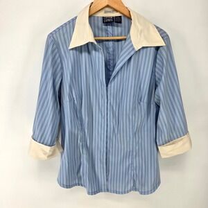 Cotton Express Blouse Womens 2X‎ Blue Striped Hook Front Contrast Collar Office